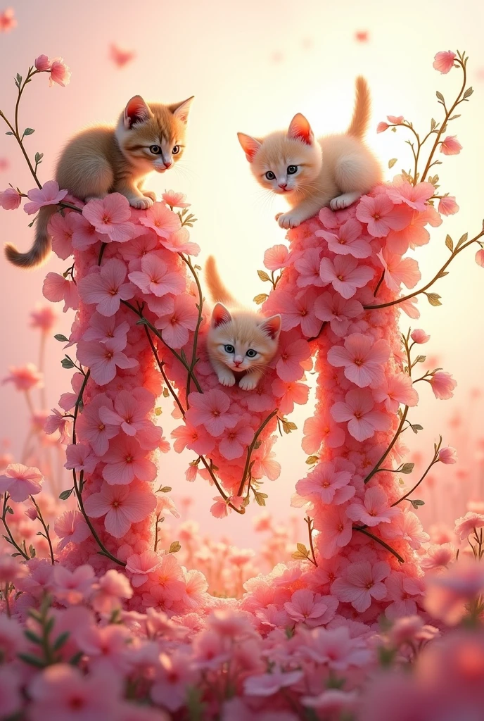 Notes the alphabet ‘M’、Please draw a vibrant pink design resembling a morning glory vine.。Part of the vine、Combine cute kittens playing together。The kitten is in a playful pose、Use overall pink tones to create a soft and cute atmosphere.。