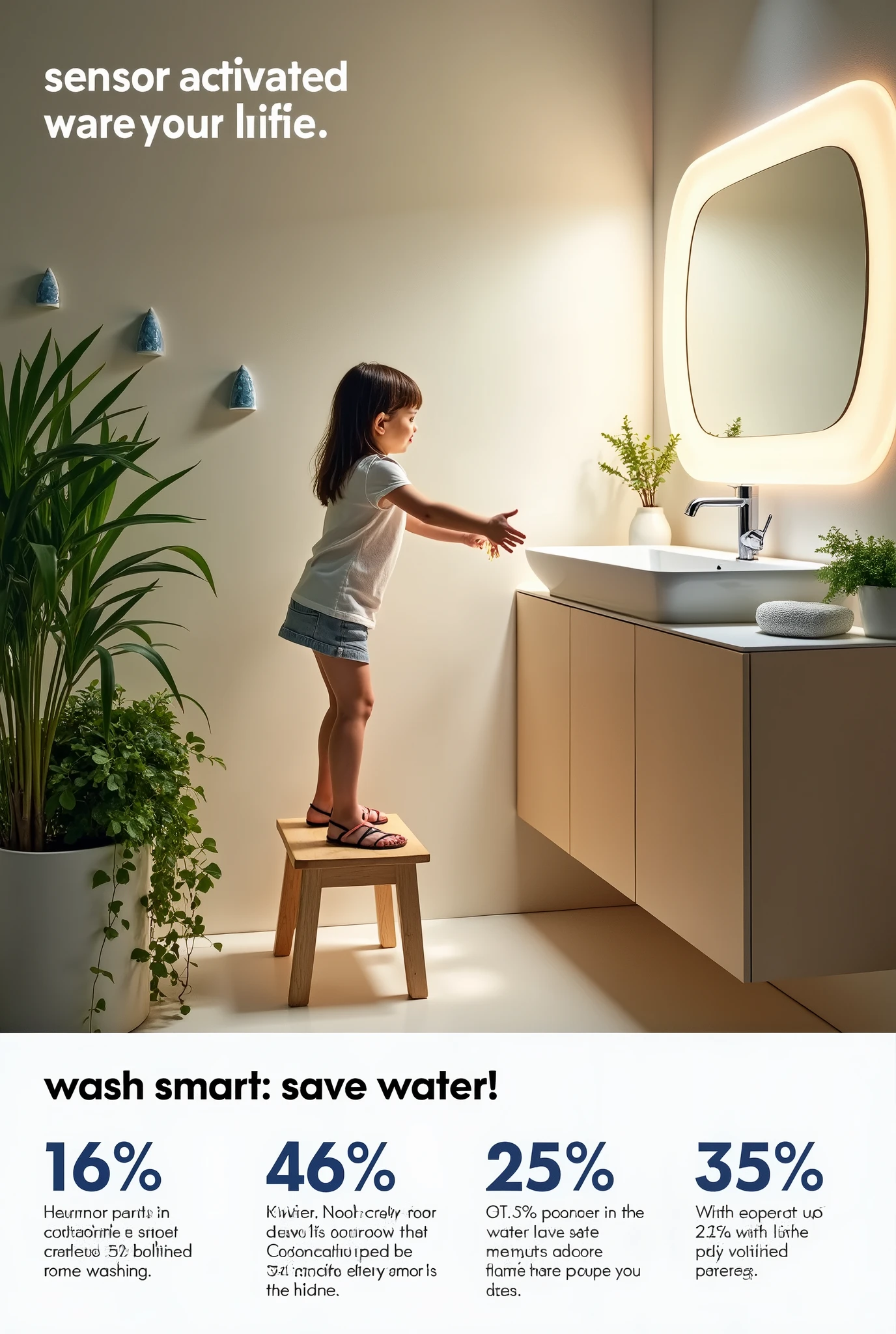 Create an advertisement that illustrates and raises awareness about the use of sensor-activated handwashing faucets to save water and reduce our water footprint.