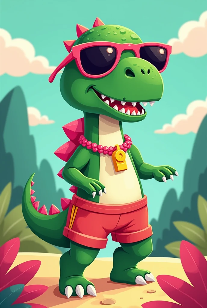 Models: 2D, Anime, Cartoon and Semi Realism, cute green dinosaur with pink dorsal plates and a white stomach, wearing a red short with a yellow line on the legs, big sunglasses, red band on the right arm, and pink necklace with a whistle yellow color
