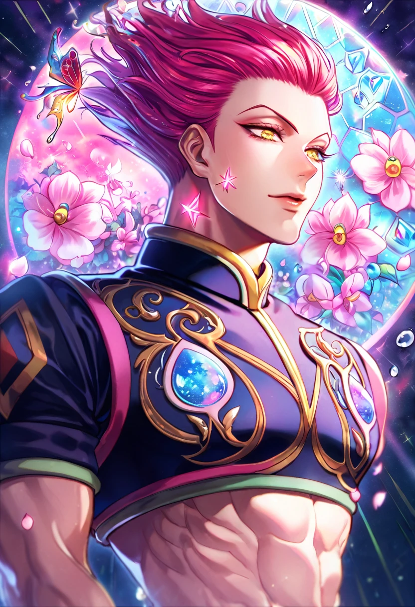 absurdres, highres, ultra detailed, HDR, master piece, Hisoka Morou, red fuchsia hair, slicked back, expressive yellow eyes, white cropped shirt with patterns, Hunter X Hunter, fantasy, glittering pink butterflies, petals, magical, handsome, sexy man, solo, very detailed eyes and face, glittering, pink flowers, a star mark on his left cheek, a water droplet on his right cheek, sensual, horny, crystal light, pink shining fireflies, pink fire,