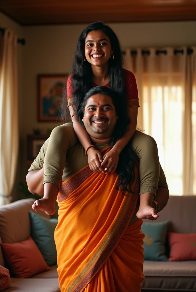 Create a realistic photograph of a smiling and beautiful indian hot housewife lifting and carrying a obese man on her shoulder inside a room, man is sitting on top of her shoulder, woman standing at bottom