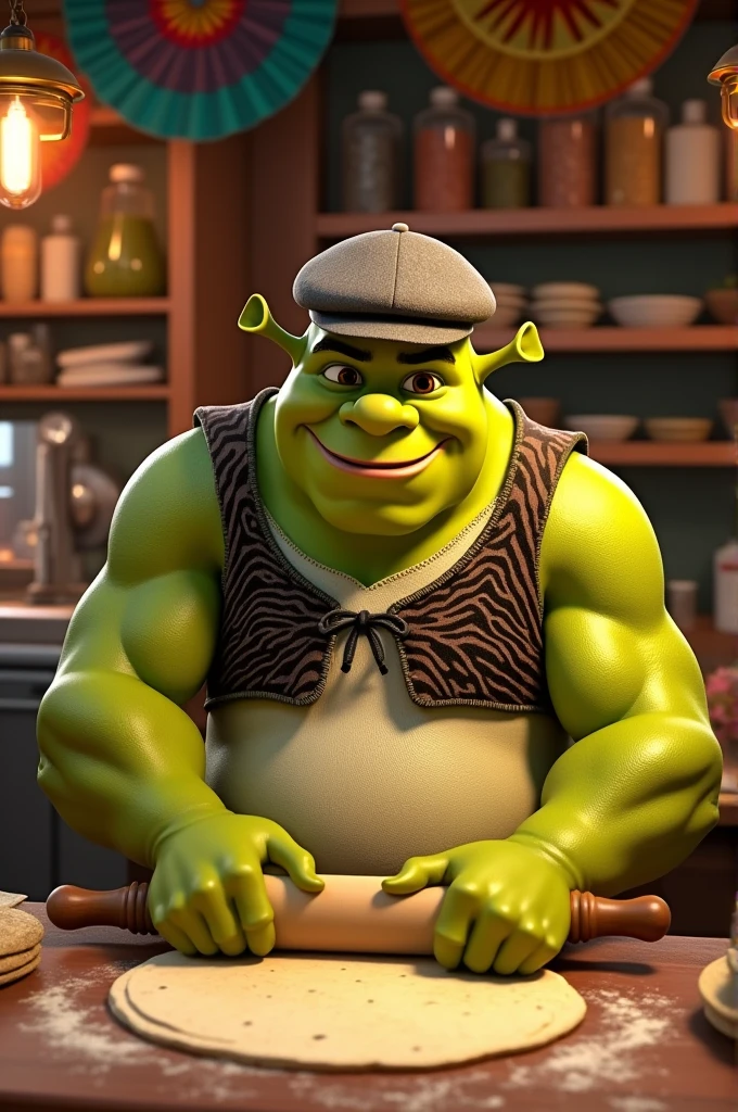 Image of a muscular Shrek with a flat cap working in a tortilla shop 