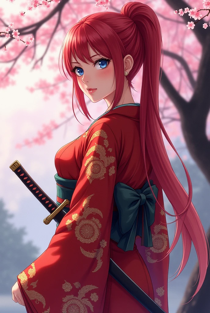 Anime, Japanese woman in a kimono, with blue eyes, red hair, long hair in a ponytail, gray hakama, crimson clothing, a katana on her left hip, large breasts, and a large backside, with an emphasis on her chest.