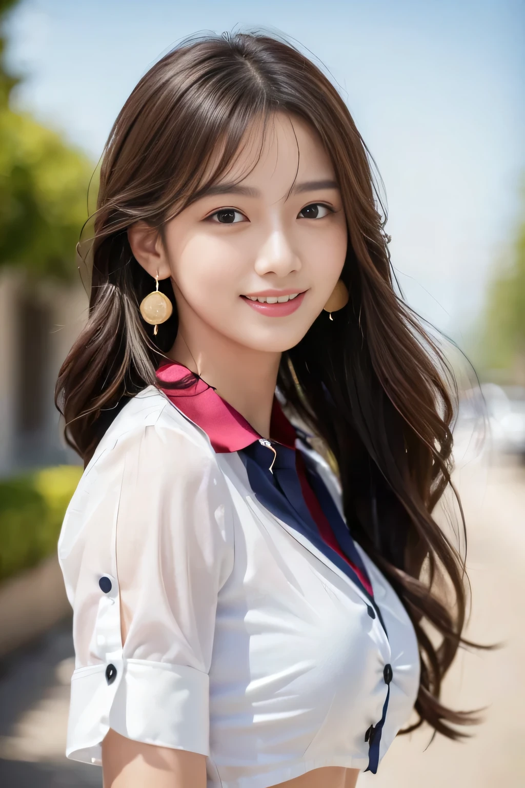 ((Highest quality, 8k, Tabletop: 1.3)), sharp: 1.2, Perfect Body Beauty: 1.4, Slim Abs: 1.2, ((Layered Hairstyles, Medium breast: 1.2)),(Long white shirt with no buttons: 1.1), Highly detailed face and skin texture, Detailed eyes, double eyelid, Profile looking at the camera, Innocent, (Arrest: 1.3)、Cute smile、Big earrings、No sleeve、See-through collared shirt、Long Hair、Hair swaying in the wind、