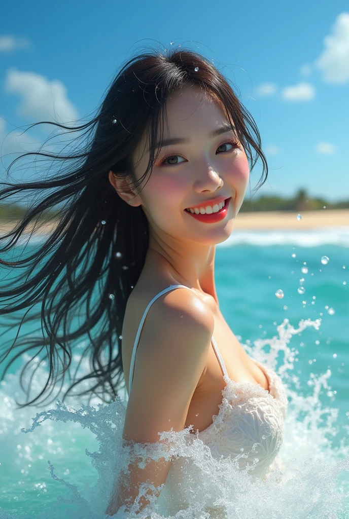 a beautiful woman frolicking in the sea, smiling 1 person, high resolution, masterpiece, best quality, high quality model, high quality, ultra-detailed, realistic skin, long hair, large breasts, asian, japanese, model濃いメイク,