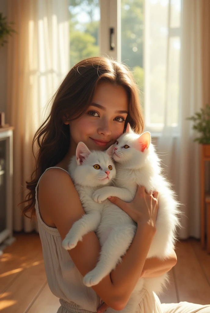  Photo realism of brown hair brown eyes holding two white cats in arms