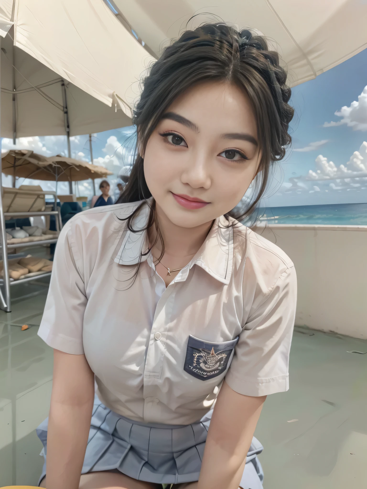 1girl, solo, (uniform), standing, at the beach, face at center frame, beautiful realistic ocean scenery, detailed face, seductive smile, detailed eyes, thick breasts, smooth skin, tight white shirt, grey blue short skirt, looking at the audience, low angle shot, (zoom out:1.4), (8k, RAW photo, best quality, masterpiece: 1.2), (realistic, realistic: 1.37), ultra-high resolution