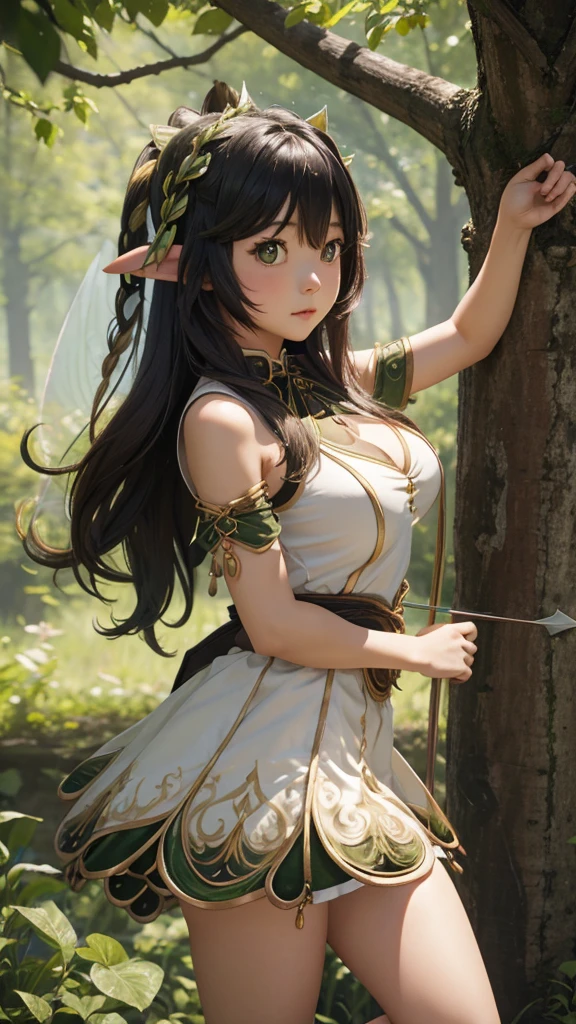 world Tree、ethnic group、Cute girl、Long hair、Fairy ears、Big breasts、Thin waist、wearing a leaf-style skirt、Bow and arrow in hand