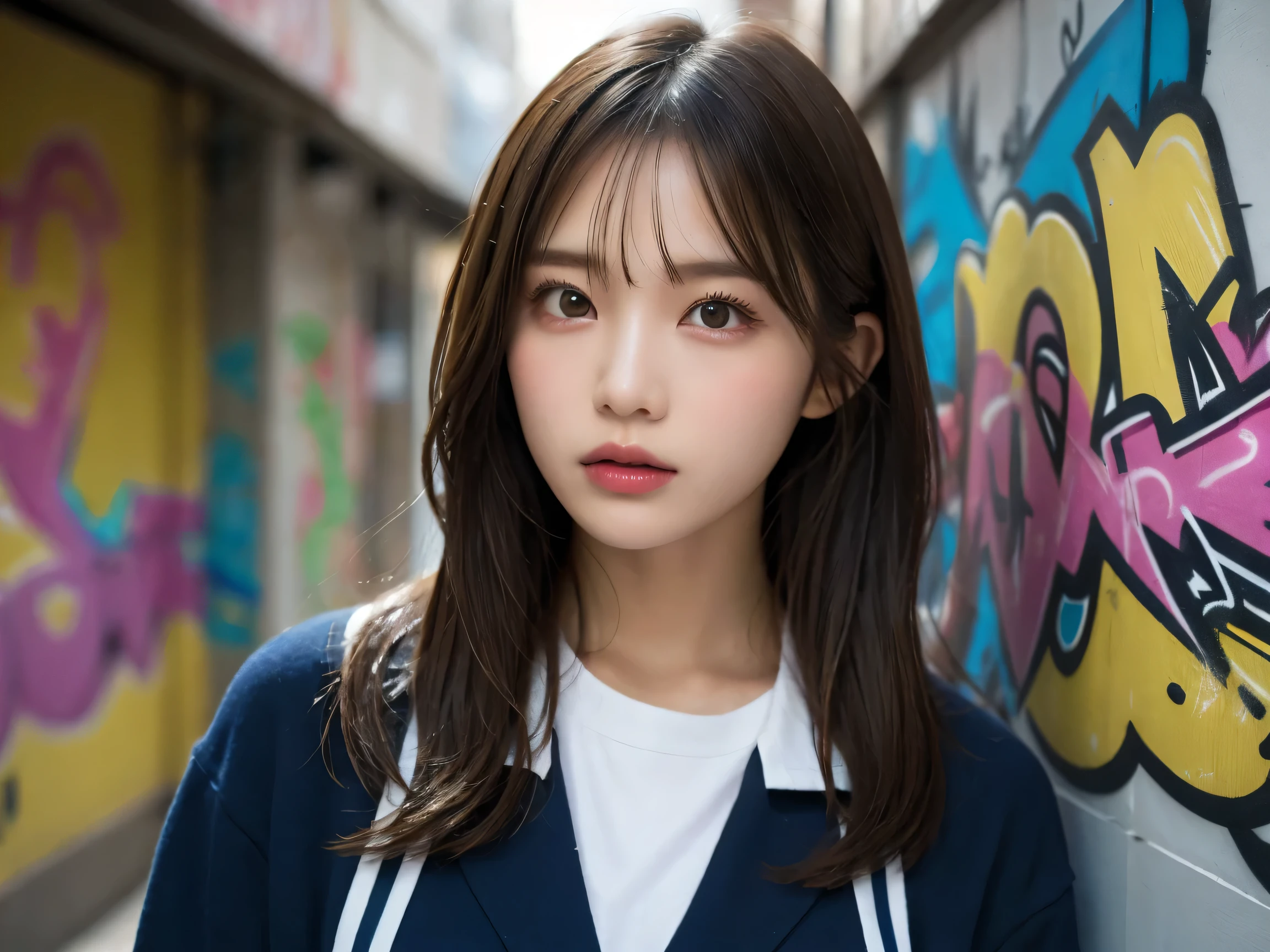 (best quality), Masterpiece, Very detailed CG 8K uniform illustration, colorสูง, extremely colorสูง saturation, ทุกcolorมีความลึกยิ่งขึ้น, color, graffiti art, Middle element, Very detailed light and shadow, graffiti wall, wall colored bright, 1 girl graffiti 1 girl looking at the wall, Very detailed face and eyes., medium length hair, sportswear, เมฆcolor