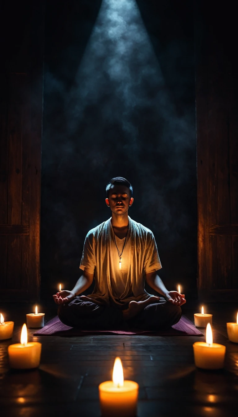 A person sitting in a lotus position, meditating in a dark room. Candles are lit around them, casting flickering shadows on the walls. The person's face is full of sorrow and contemplation. Emotional, dramatic lighting, soft focus, digital painting, concept art