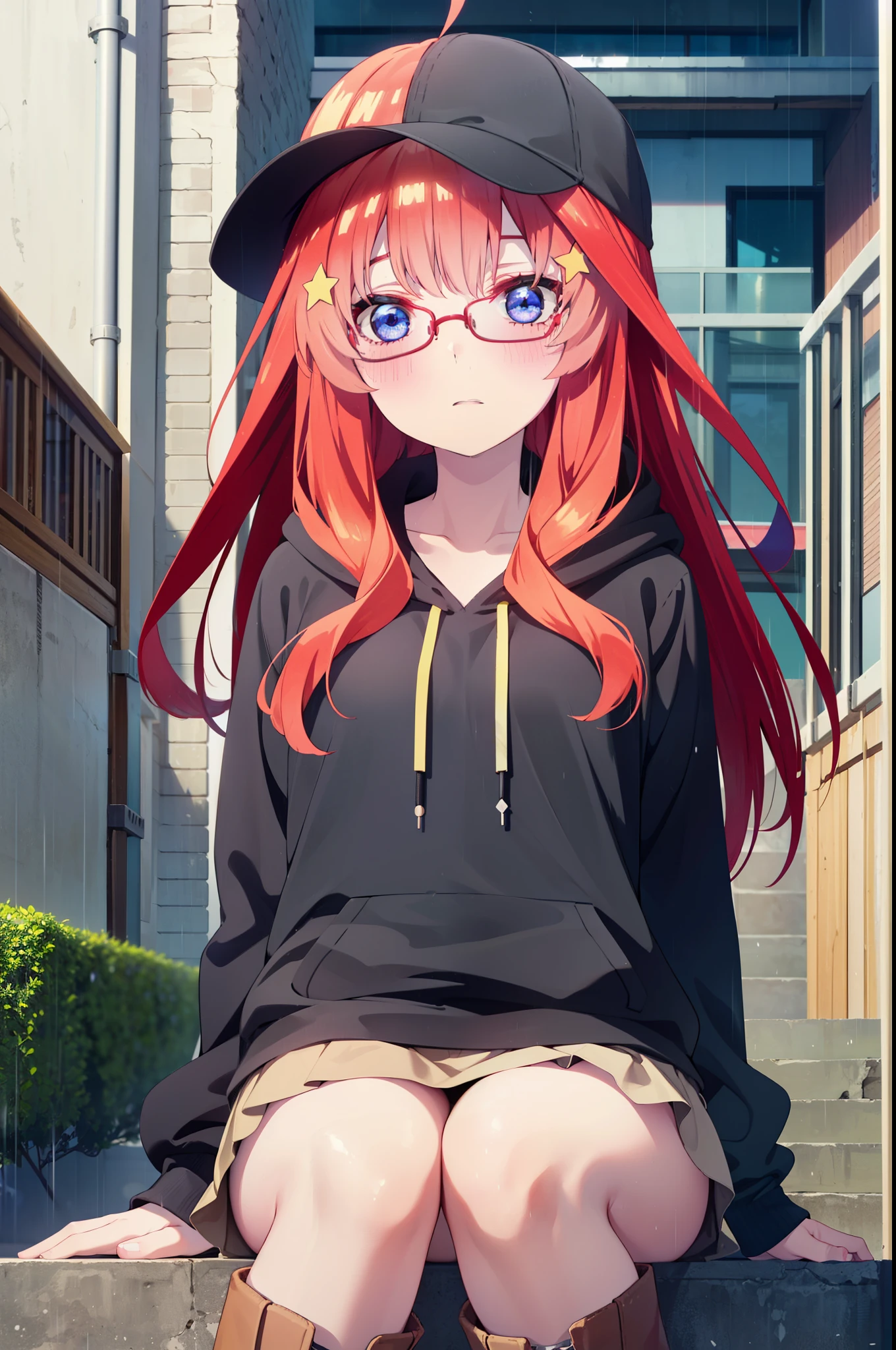 itsukinakano, Itsuki Nakano, bangs, blue eyes, Hair between the eyes, Ahoge, Redhead, star \(symbol\), hair ornaments, star hair ornaments,blush,Baseball hats,Black-rimmed glasses red oversized hoodie,mini skirt,White tights,short boots,Hiding in a building with a roof,Sitting on the stairs,night,rain,cloudy,whole bodyがイラストに入るように,
break outdoors, Building district,
break looking at viewer, whole body,
break (masterpiece:1.2), Highest quality, High resolution, unity 8k wallpaper, (figure:0.8), (Beautiful attention to detail:1.6), Highly detailed face, Perfect lighting, Highly detailed CG, (Perfect hands, Perfect Anatomy),