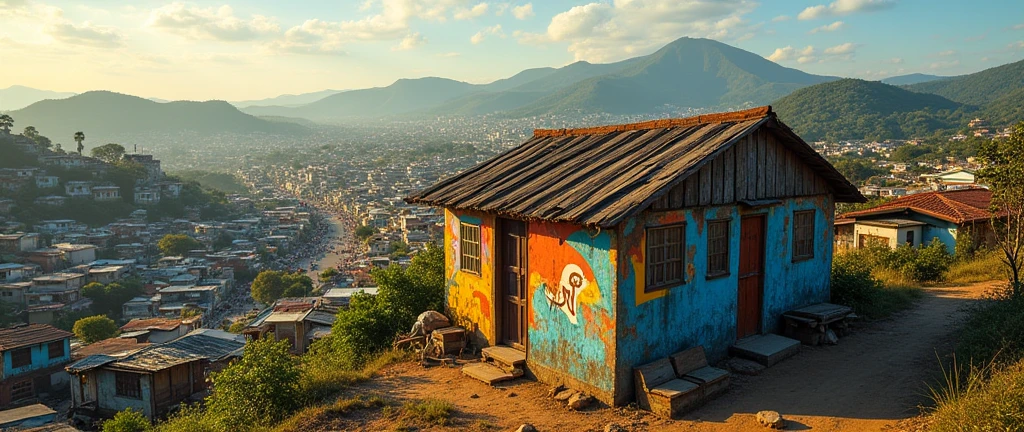 Favela neighborhood close up view, a wooden shack house stands out 