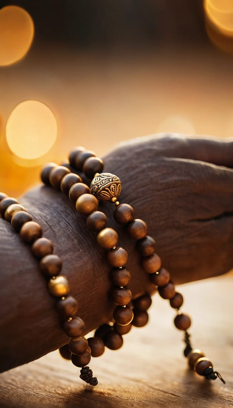 A close-up of hands holding a prayer bead made of wood. The beads are worn and have a spiritual feel to them. The background is a blur of golden light. Soft focus, macro photography, detailed, digital art