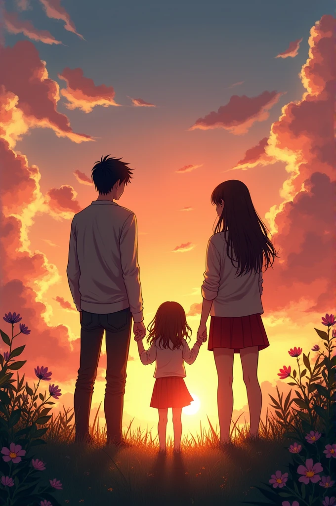 Create an image that represents a love triangle of a girl with brown hair, 1 meter tall.65,A boy with black hair, a little long, 1.87 cm tall, and a boy with brown hair, a little long, 1.85 cm tall, all three of them with their backs turned and a beautiful background visible
