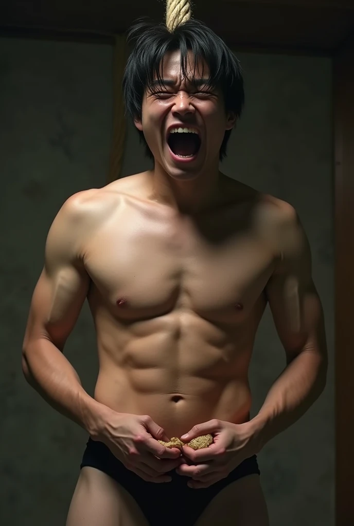 (Photorealistic:1.2、Highest quality、8k)、Looks like Sota Fukushi、Similar to Kentaro Sakaguchi、(Beautiful 18 year old boy、Man with beautiful face、Face enduring severe pain、Crying with a big mouth open )、He cries out loudly, clutching his crotch with both hands.、Sexual charm、Rape、sexual torture、Sexually attractive、Crushing a man's crotch、Big penis、Grabbing the man's crotch hard、Grab the crotch、Erotic photos、Scream in pain、Sexy posture、A boy is hanging from the ceiling with his arms tied with a rough rope、Sweat、、A brutal lynching、Brutal Lynching、Severe pain、The man is a black-haired Japanese man.、A beautiful face like a woman、Handsome、Erotic Pose、The rope is digging into her crotch、Full nudity、I'm not wearing anything、The rope is tightening around the testicles、Actor、Naked、muscle、(Sweat:1.2)、Fine skin、(Film lighting)、Bright light、The lighting is bright、dojo、、Stripped naked、、double eyelid、(Fascinating crotch)、((excited))、Six Pack Abs、Phimosis、