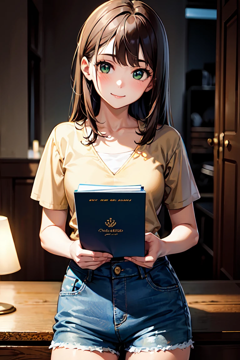 masterpiece, Highest quality, Very detailed), Portrait of an 18 year old woman with light brown hair, Green round eyes, Beige blouse and blue jeans、Smiling Blue Shorts、Reading the Brown Book - Auto Ultrarealistic -  