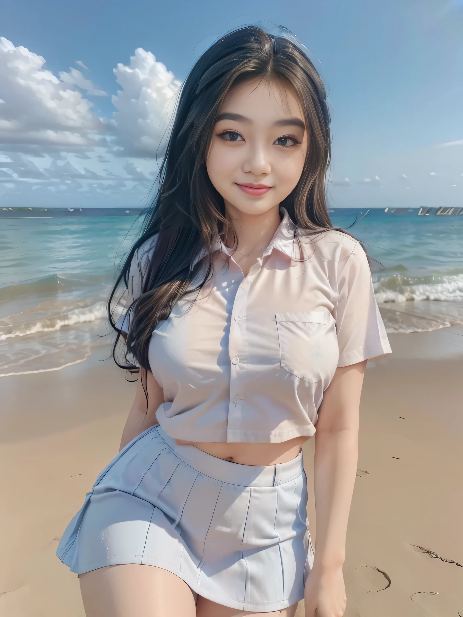 1girl, solo, (uniform), standing, at the beach, beautiful realistic ocean scenery, seductive smile, thick breasts, smooth skin, tight white shirt, grey blue short skirt, looking at the audience, low angle shot, (zoom out:1.4), (8k, RAW photo, best quality, masterpiece: 1.2), (realistic, realistic: 1.37), ultra-high resolution