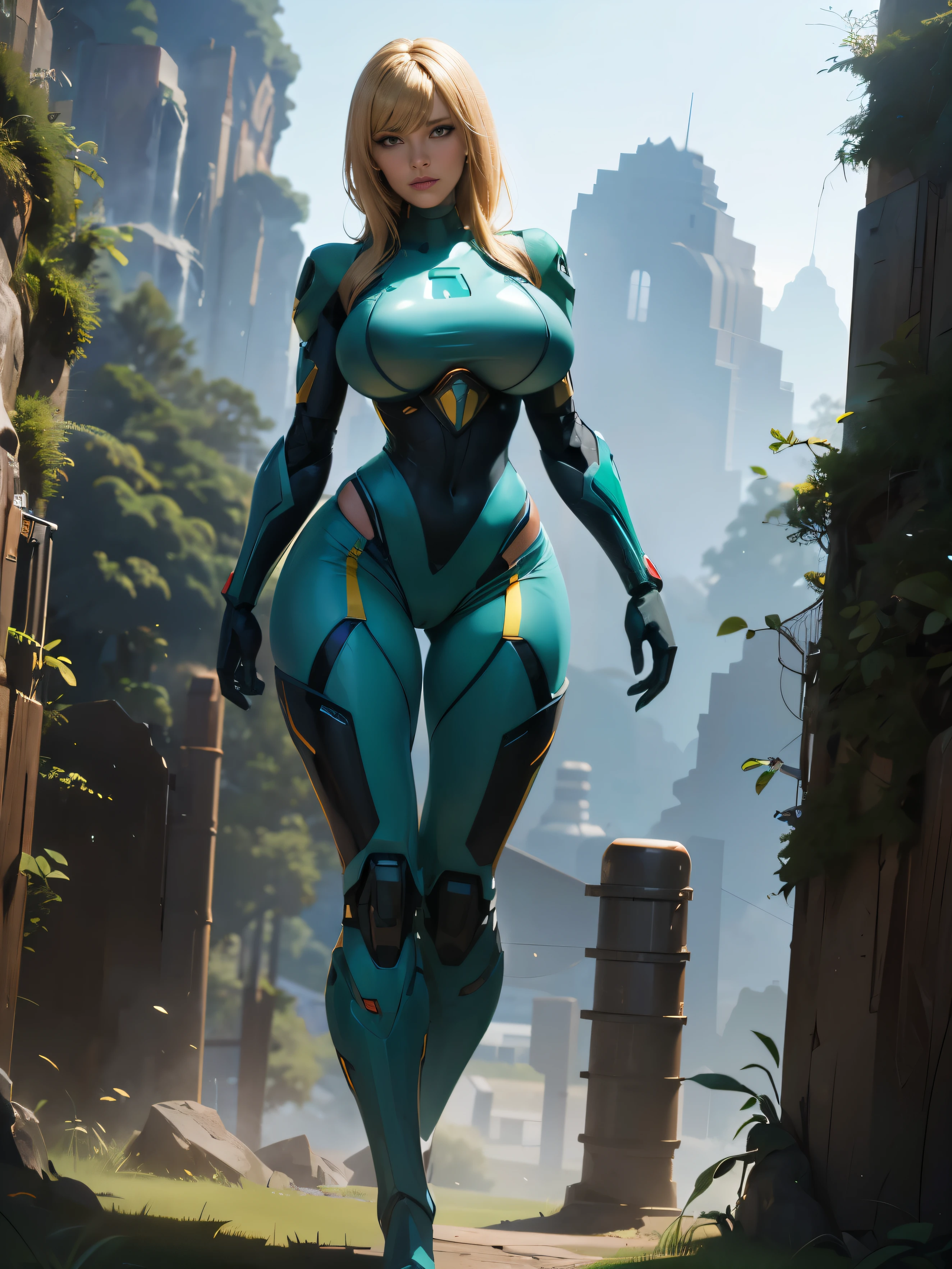 solo, samus aran face, blonde girl, super fine photo, portrait of sexy girl, Unreal Engine:1.5, (8K:1.8) (UHD:1.6), standing in rock, skin tight, mecha outfit, mecha headphone, sensual pose, green mecha suit, hot iconic character, smooth skin, full body, futuristic suit, mecha machine in belly, mecha bra with blue LED, green mecha belt, collar, green mecha glove, high mecha boots, green mecha arm and leg, black mecha pant, best quality, masterpiece, official art, unified 8k wallpaper, super detail, sharp focus, sexy pose, body parts, no extra limbs, precious anatomy, mountain, big rock, bamboo tree, gras, beautiful sky, a beautiful woman Big breasts and big ass (bewitching thighs very erotic full body)(thick tighs:1.0)(large breast:1.0)