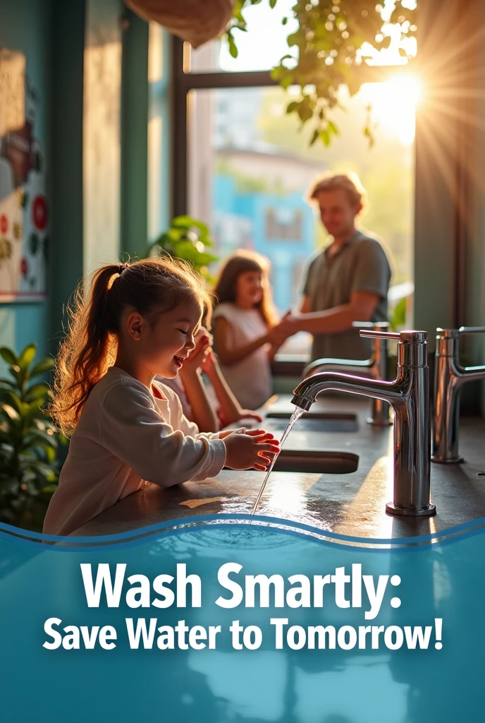 Create an advertisement that illustrates and raises awareness about the use of sensor-activated handwashing faucets to save water and reduce our water footprint.