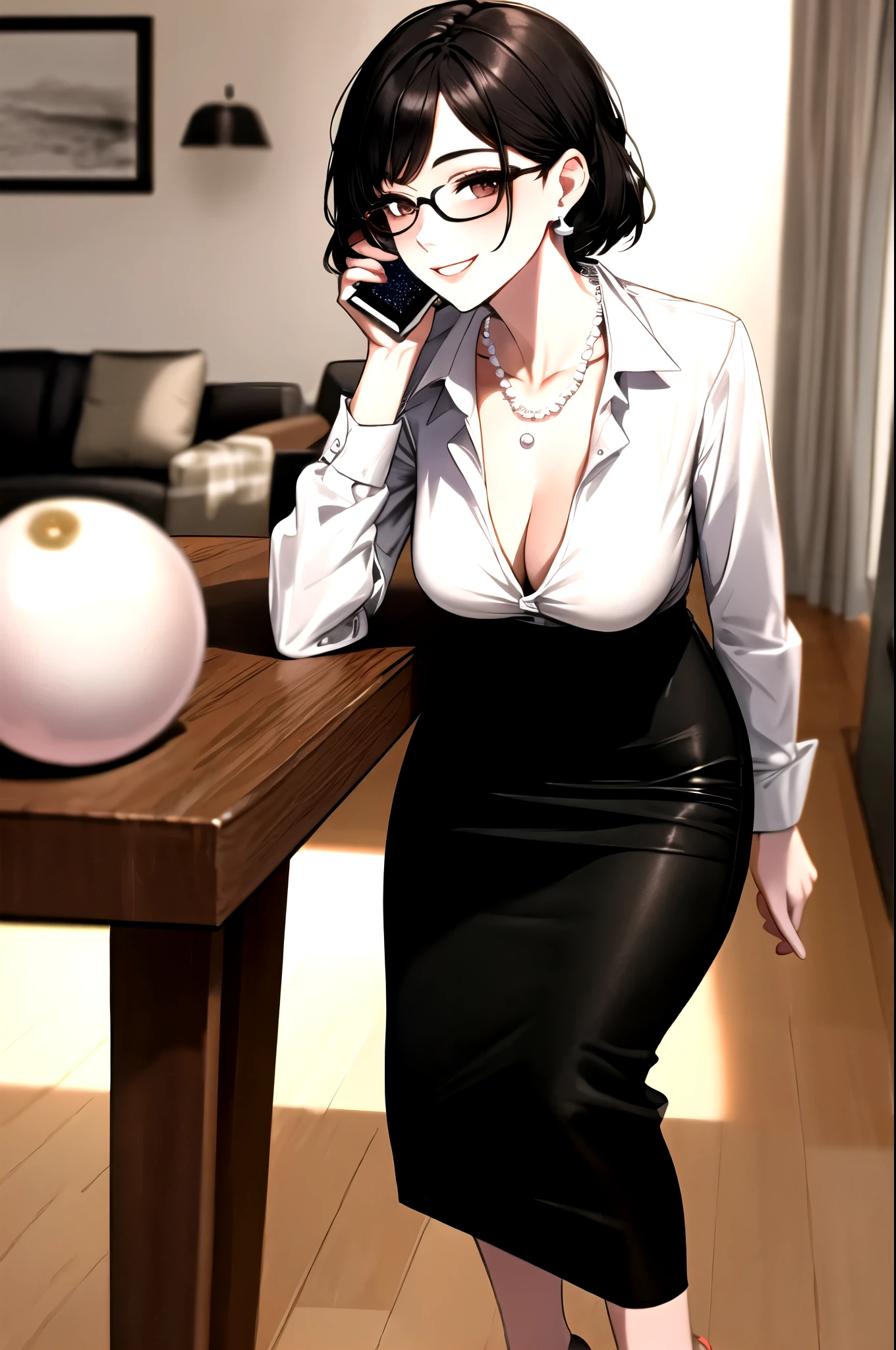 ((super high quality,Ultra-high resolution,4K,8k,super masterpiece,Ultra HD ,Detailed shading)),Looking at the camera,The living room bathed in morning sunlight,Full body photo,A seductive mother,popped collar White shirts,Tight collar,Long sleeve,BLACK Pencil Skirt,sexly,Glasses,smile,Pearl Earrings,Pearl Necklace,Engagement Rings,Hold your phone to your ear,slouch,