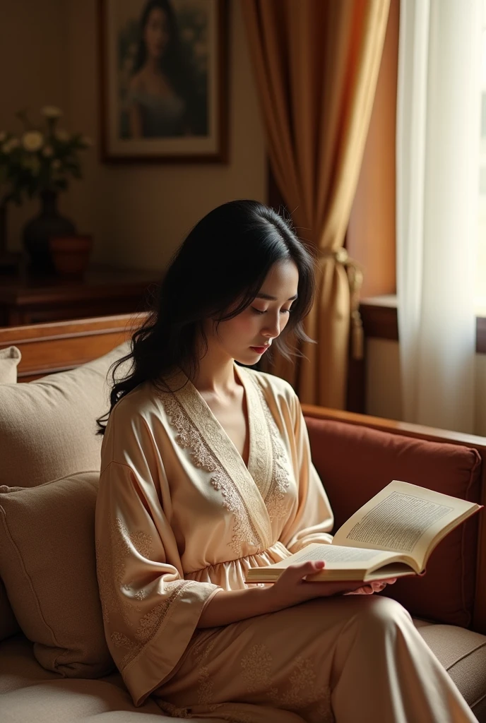 In an elegant home、Wearing an embroidered silk nightgown、A Japanese woman quietly enjoying reading。
