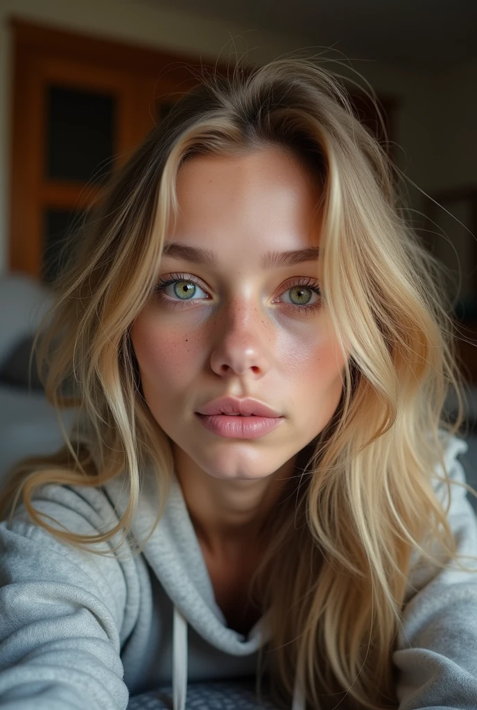 a beautiful girl with blonde hair and green eyes, 20 years old, detailed face, perfect body proportion, lying on the bed, selfie, detailed skin, detailed hair strands, wearing a hoodie, soft lighting, warm color tones, highly detailed,, (best quality:1.2), masterpiece