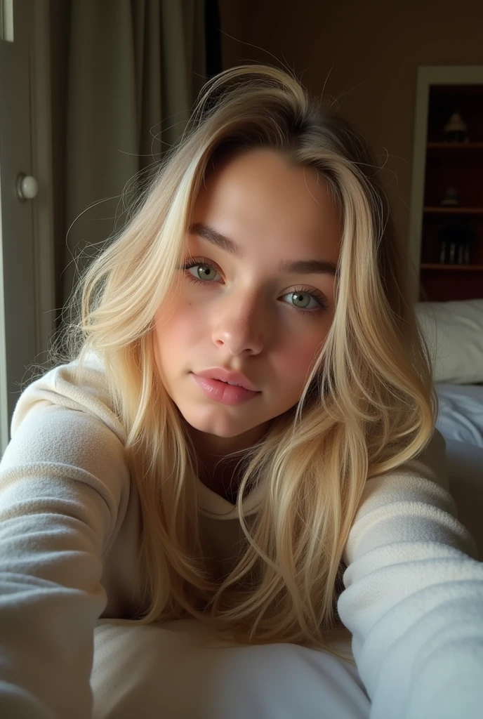 a beautiful girl with blonde hair and green eyes, 20 years old, detailed face, perfect body proportion, lying on the bed, selfie, detailed skin, detailed hair strands, wearing a hoodie, soft lighting, warm color tones, highly detailed,, (best quality:1.2), masterpiece