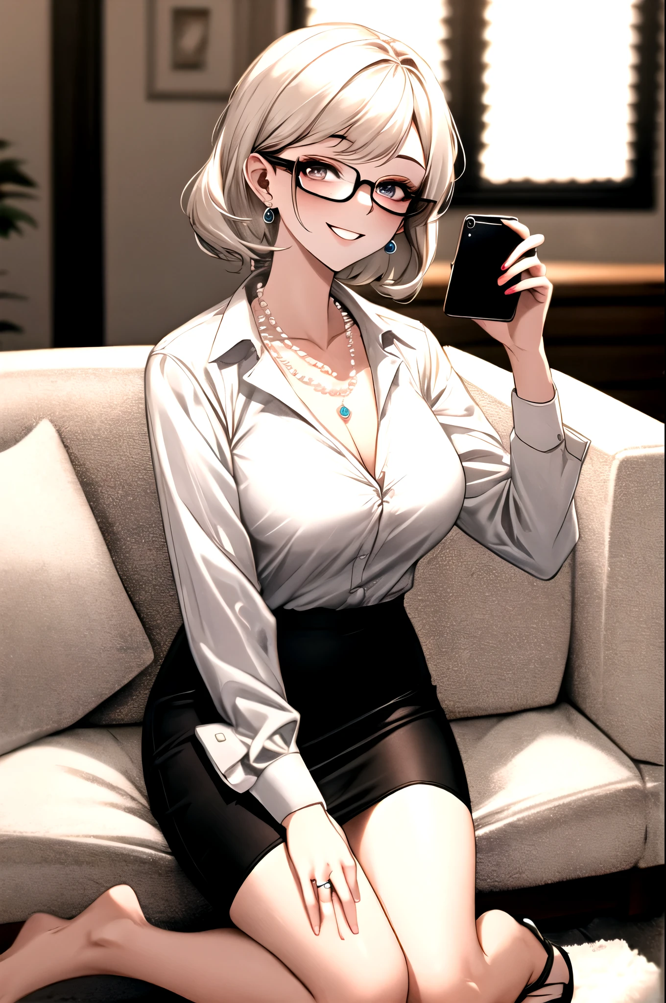 （（super high quality,Ultra-high resolution,4K,8k,super masterpiece,Ultra HD ,Detailed shading））,Looking at the camera,The living room bathed in morning sunlight,Full body photo,A seductive mother,popped collar White shirts,Tight collar,Long sleeve,BLACK Pencil Skirt,sexly,Glasses,smile,Pearl Earrings,Pearl Necklace,Engagement Rings,Hold your phone to your ear,slouch,