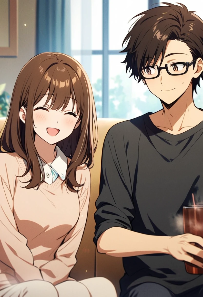 anime, two people, one beautiful female with long brown hair and no glasses, the other person is a male with short dark brown hair and black rimmed glasses, they are boyfriend and girlfriend, both smiling 