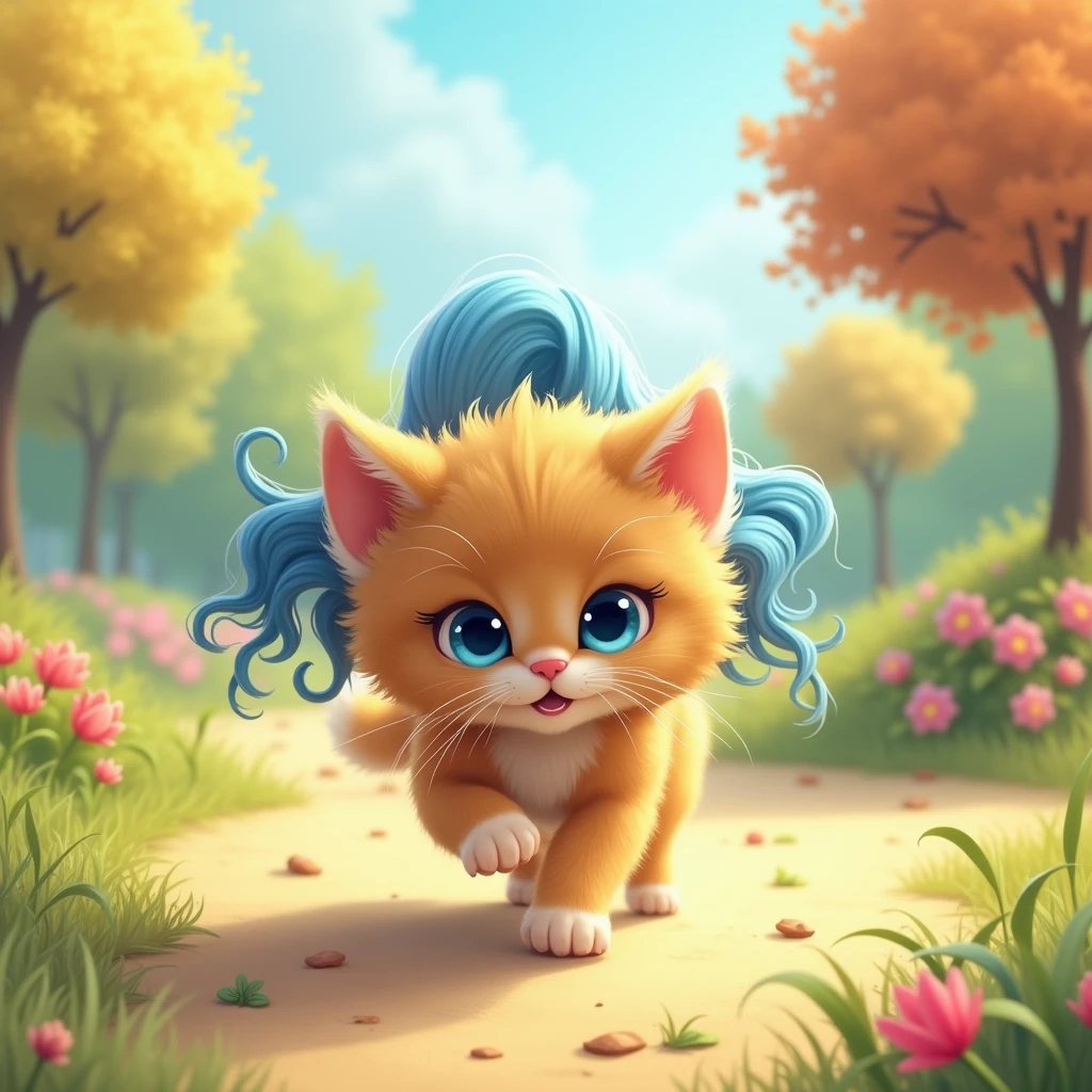 A cartoon caramel Persian kitten with bright blue eyes by girl blue hair
