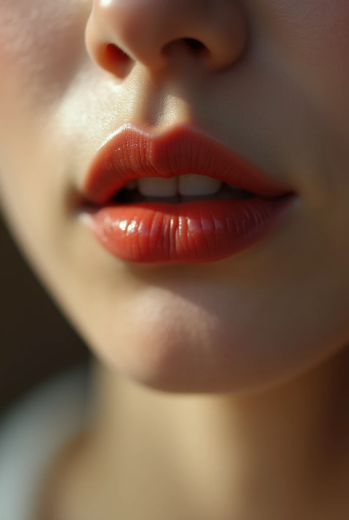 Extreme closeup of a japanese female mouth, lips pursed tightly for a kiss