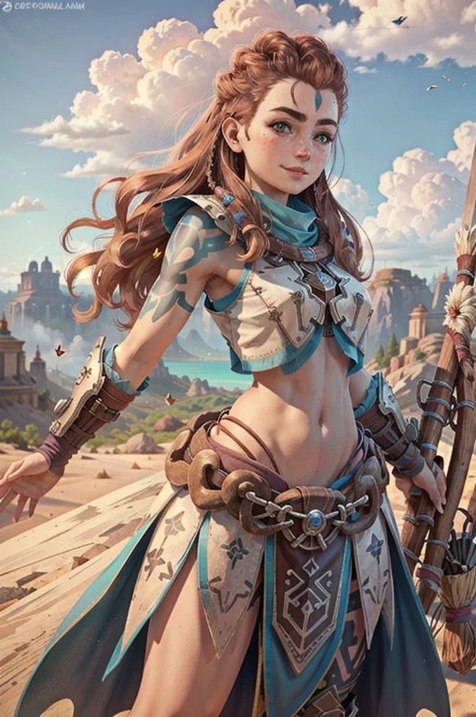 AloyHorizon, solo, long hair, smile, brown hair, hair ornament, navel, brown eyes, weapon, braid, outdoors, parted lips, sky, day, red hair, armor, blue sky, lips, looking to the side, tattoo, looking away, thick eyebrows, shoulder armor, freckles, showing ass, half naked, ((aming with a bow))) (((perfect proportions))) 
