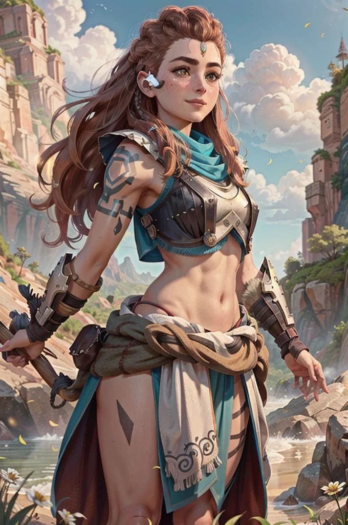 AloyHorizon, solo, long hair, smile, brown hair, hair ornament, navel, brown eyes, weapon, braid, outdoors, parted lips, sky, day, red hair, armor, blue sky, lips, looking to the side, tattoo, looking away, thick eyebrows, shoulder armor, freckles, showing ass, half naked, ((aming with a bow))) (((perfect proportions))) 