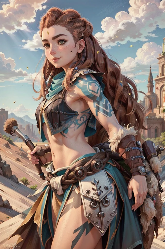 AloyHorizon, solo, long hair, smile, brown hair, hair ornament, navel, brown eyes, weapon, braid, outdoors, parted lips, sky, day, red hair, armor, blue sky, lips, looking to the side, tattoo, looking away, thick eyebrows, shoulder armor, freckles, showing ass, half naked, ((aming with a bow))) (((perfect proportions)))