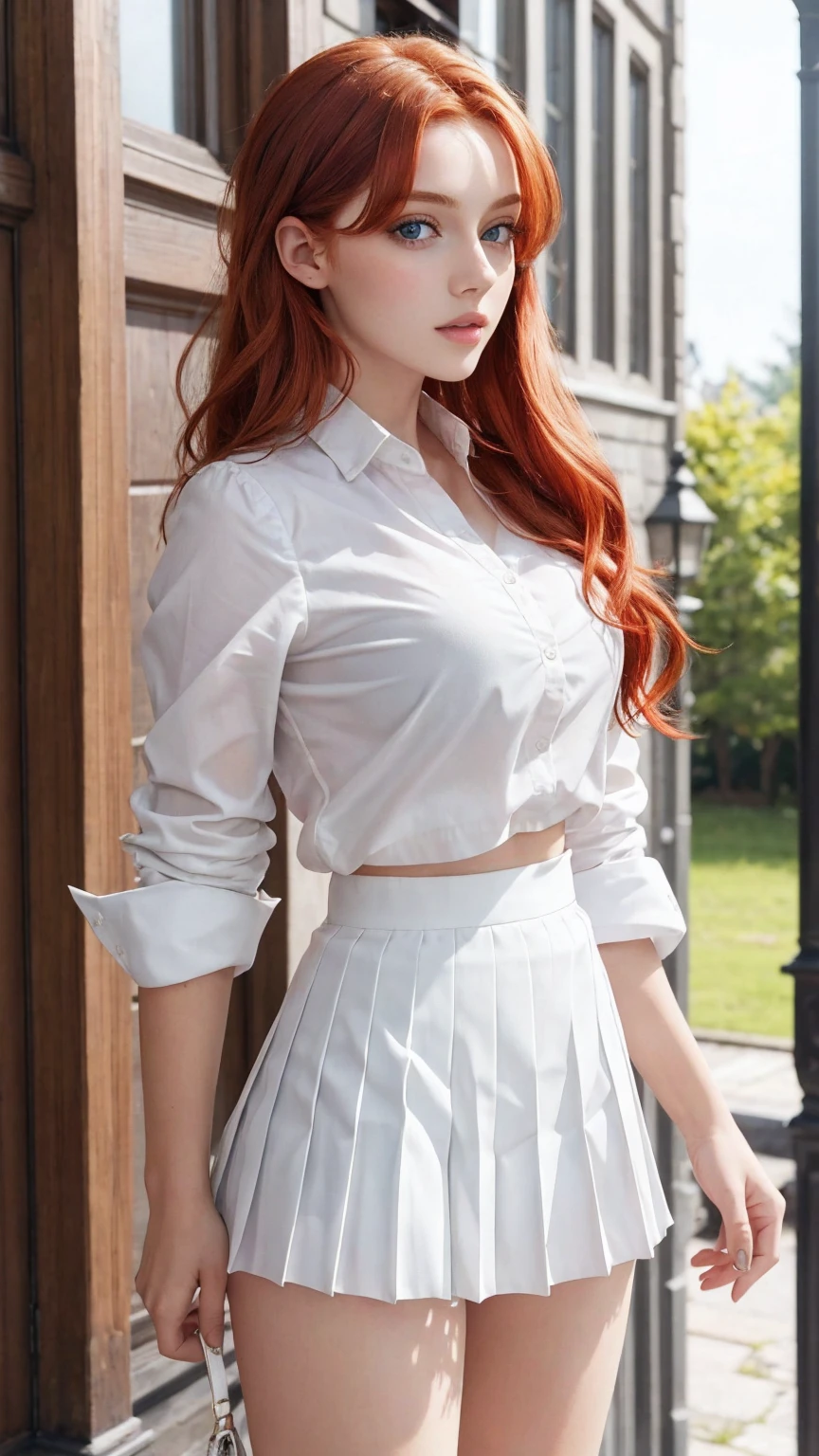 ultra detailed, sharp focus, best quality, masterpiece, colorful, mariacampbell, 1girl, redhead, intricate details, glossy lips, school, white shirt, black pleated miniskirt