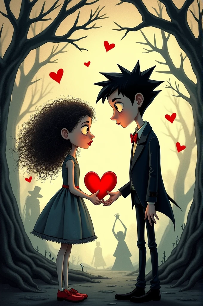A Tim Burton-style drawing of a girl ripping out her heart to give it to a boy. 