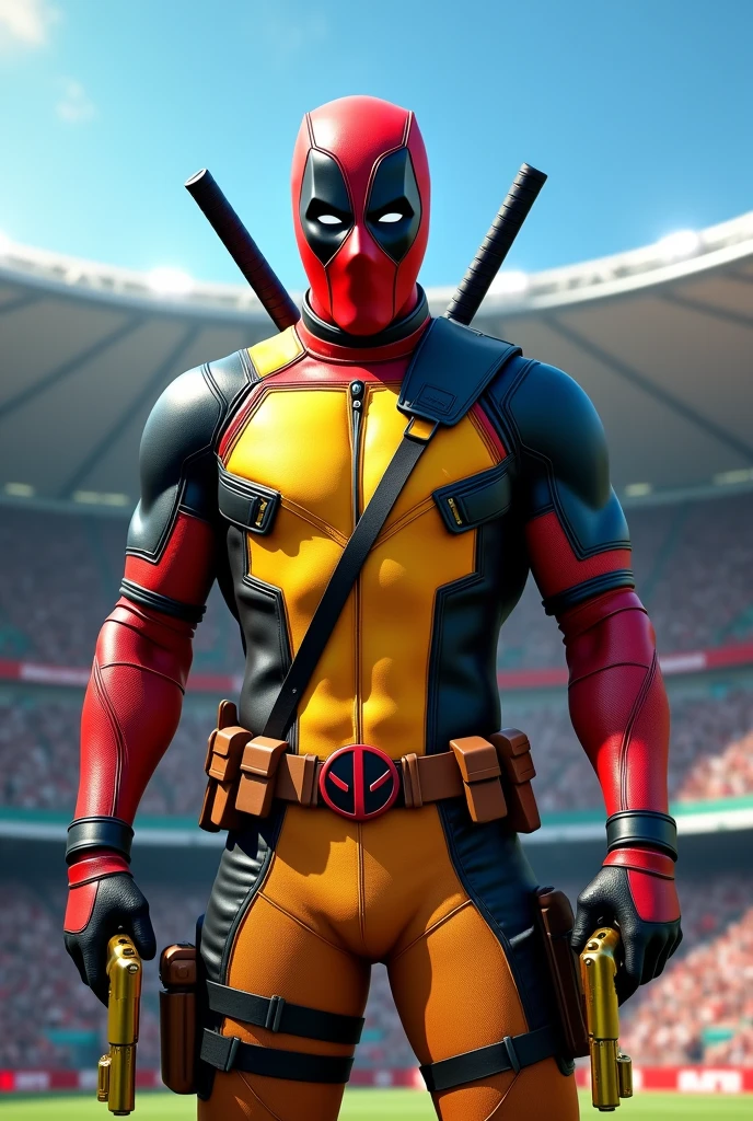 (photorealism:1.2), Full body Deadpool wearing yellow and red Club America Mexico suit with golden guns at Azteca Stadium in Mexico