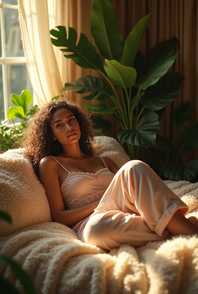 (photorealism:1.2), beautiful woman, sitting on bed, wearing loose off-shoulder top, pajama pants, long curly hair, indoors, soft lighting, plants in background, window with sunlight, cozy room, relaxed pose, realistic, intricate details, warm colors, by Greg Rutkowski, by Alphonse Mucha