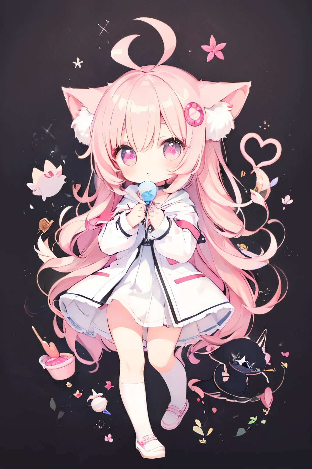Short, light pink hair、White Hot Pants、White and pink oversized jacket、Putting on a collar、Elementary school girl、Big Mouth、Very beautiful and Shining Eyes、Shining Eyes、1 person、Cat ear、(((((Small body)))))、heart❤、((vapor))