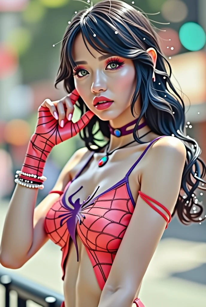 a girl in a Spider-Man costume, insanely beautiful, full-length, beautiful shapes, slim, improved quality, photorealistic, cyberpunk 2077, detailed facial features, multicolored eyes, long eyelashes, make-up, close-up, hyper facial detail, expressive eyes, conscious gaze, professional photo, 4k, high resolution, high detail, 30mm lens, 1/250s, f/2.8, ISO 100