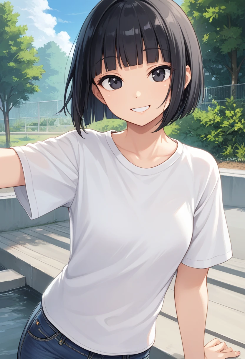 solo, straight hair, short hair, blunt bangs, black hair, score_9, black eyes, white t-shirt, jeans, outdoors, upper body, looking at viewer, smile