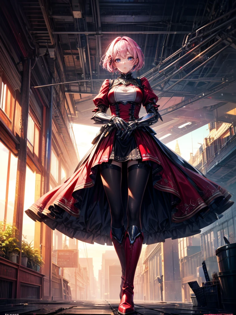 High resolution, Winner of numerous awards, Ultra high definition, Textured skin, retina,
masterpiece,(bestquality),highlydetailed,ultra-detailed,1girl, (A Western-style crimson red dress blended with mechanical parts:1.2)White boots(fantasylandscape:1.2,natural lighting:1.5,confidentexpression),(Modern building rooftops)(panorama:1.2),smile,angle、chrome,raw(A beautiful girl with pink hair in a short cut:)(Hands and feet are mechanical parts.2)