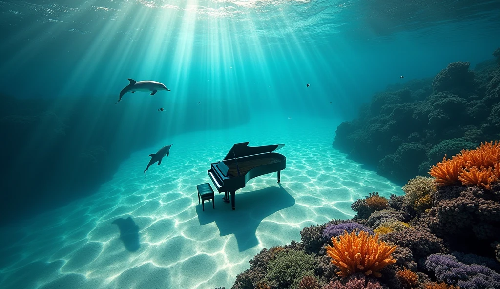 seaweed、Two dolphins swim out from the depths, a sunken ship is visible. Colorful coral reef "A stunning underwater scene featuring a black grand piano resting on a sandy seabed. Several dolphins swim gracefully around the piano. Sunbeams filter into the clear water from the top right of the screen, creating beautiful patterns on the sand and piano. The overall atmosphere is tranquil and mesmerizing, with the piano standing out against the vibrant blue tones of the ocean. The dolphins are playful and inquisitive, enlivening the serene underwater environment. The image is realistic, capturing fine details of the piano, dolphins, and underwater light effects." A pair of clownfish swim gracefully around colorful coral. Change the composition to a top-down view
