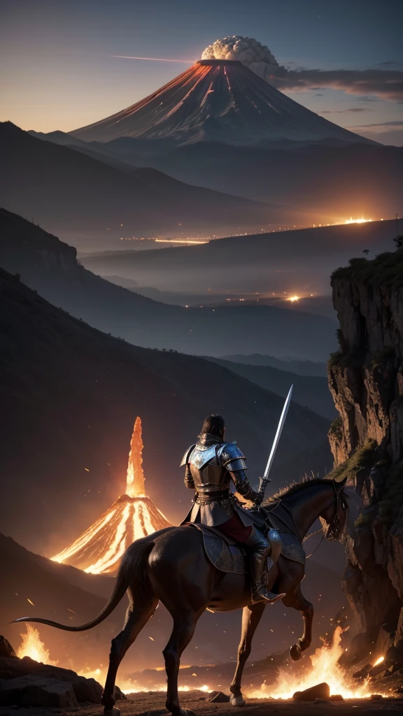 Create a medieval knight with a futuristic big sword fighting a dragon with a background of mountains with a volcano on fire 