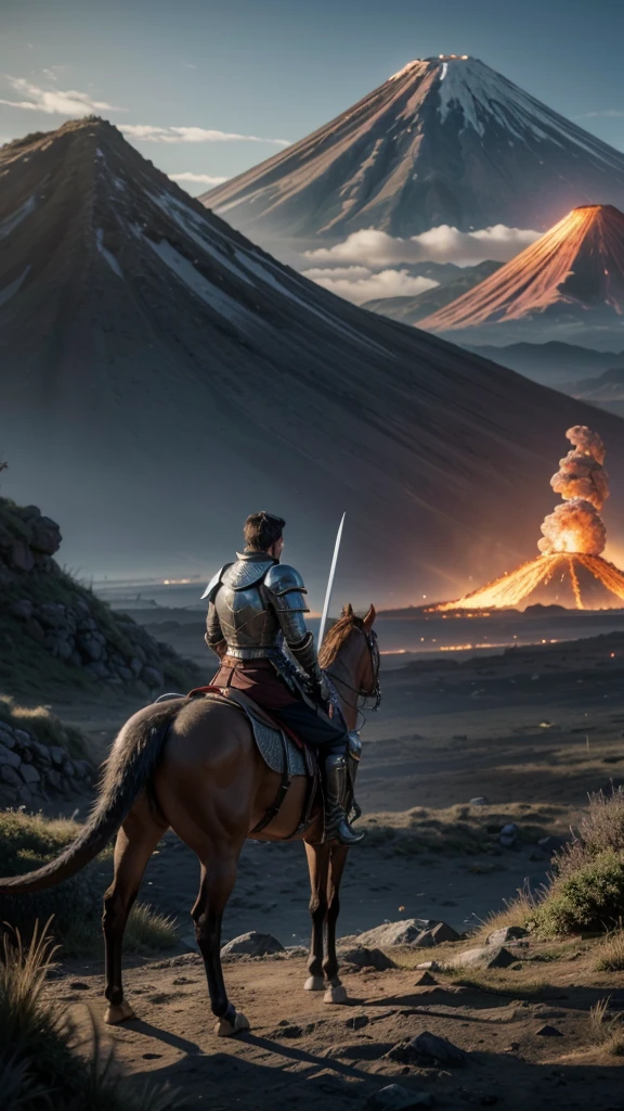 Create a medieval knight with a futuristic big sword fighting a dragon with a background of mountains with a volcano on fire