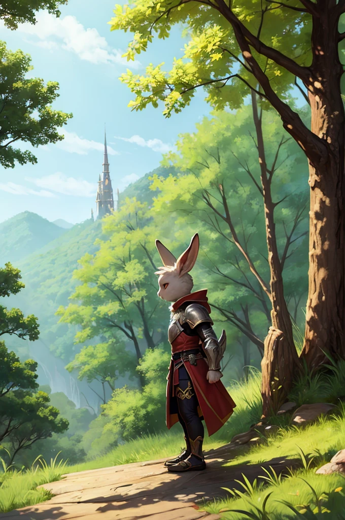 Bunny wizard wearing armor, small in height, surrounded by nature, 1 boy, full body, Scorpion Armor