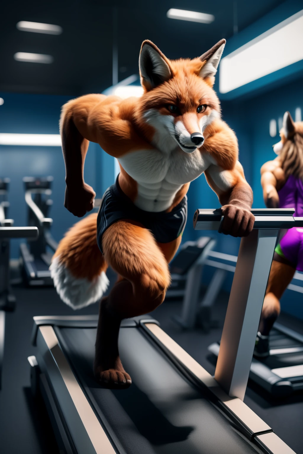 (By FoxyRuns, ultra detailed, high quality, realistic, masterpiece, trending on ArtStation, dynamic, action, motion blur, depth of field, 1 fox, anthro, muscular, agile, brown fur, fox mask, beady eyes, red nose, mid-run pose, treadmill belt, gym setting, intricate background, fluorescent lighting, sharp focus, determined expression, intimate, expressive, athletic, energetic)
Hey there! Here's a description that might fit your prompt of a fox running on a treadmill:
Who would have thought that a fox could keep up with the latest fitness trends? In this stunning