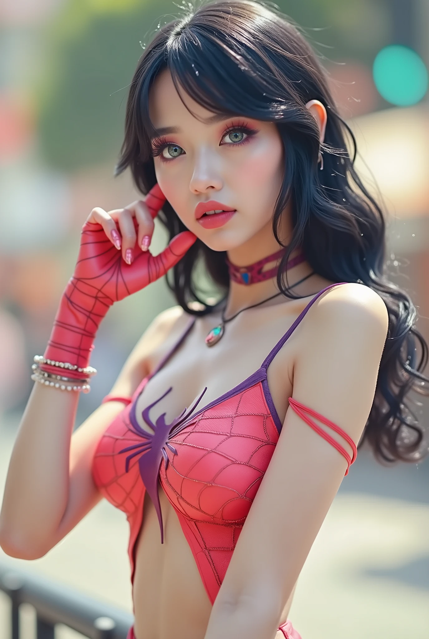 a girl in a Spider-Man costume, insanely beautiful, full-length, beautiful shapes, slim, improved quality, photorealistic, cyberpunk 2077, detailed facial features, multicolored eyes, long eyelashes, make-up, close-up, hyper facial detail, expressive eyes, conscious gaze, professional photo, 4k, high resolution, high detail, 30mm lens, 1/250s, f/2.8, ISO 100