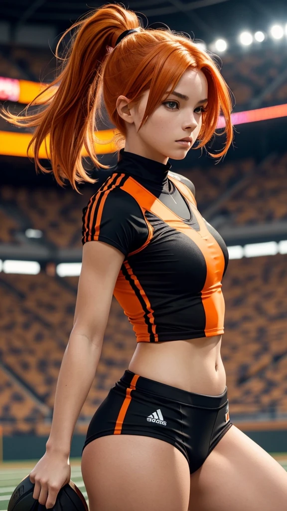 Create an image for me of a beautiful athlete with copper-colored hair and a sports uniform where the top is orange with black stripes and the bottom is black with orange stripes. She should be well-centered in the middle of the scene on an athletics track.