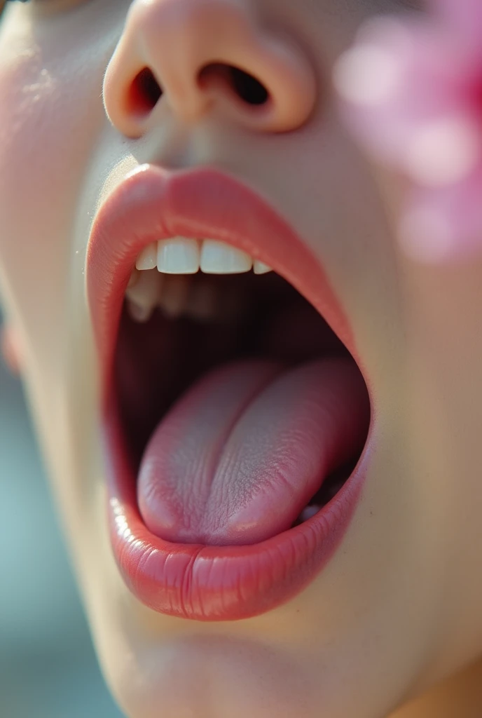 Extreme closeup of a japanese female mouth, wide open, tongue sticking out